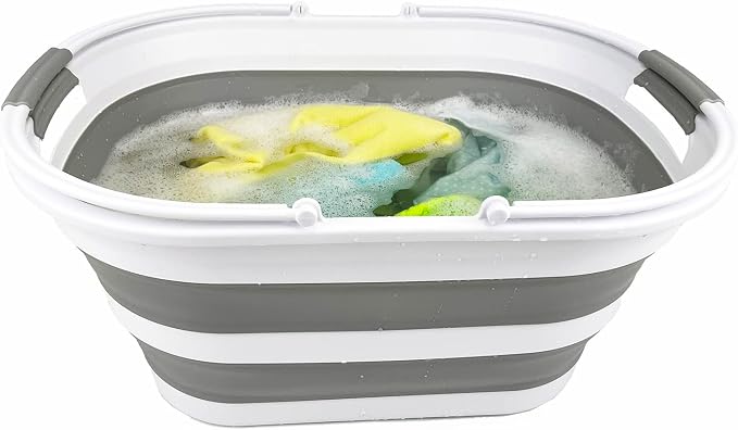 SAMMART 38L (10 Gallons) Collapsible Plastic Laundry Basket - Foldable Storage Container/Organizer - Portable Washing Tub - Space Saving Laundry Hamper (White/Grey (Set of 2))