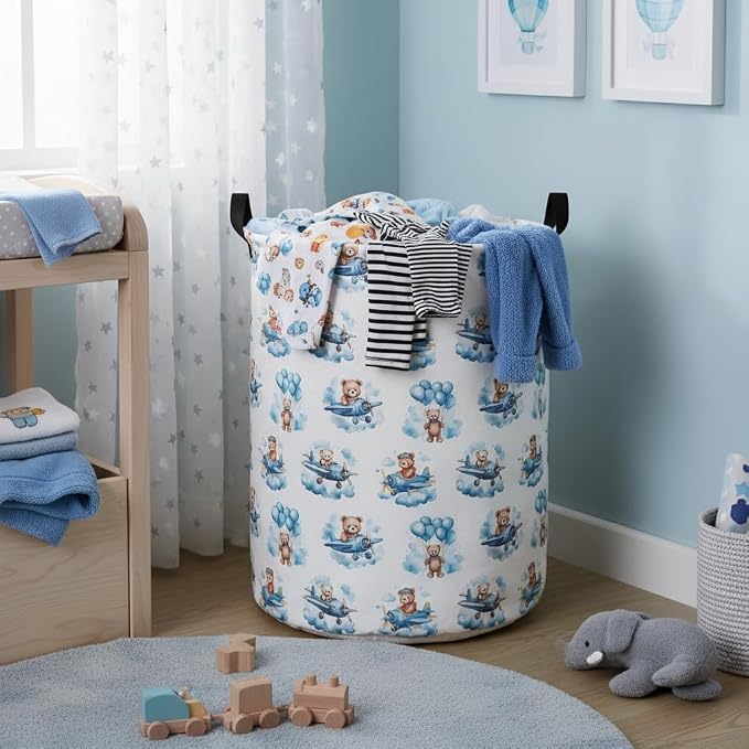 Baby Laundry Basket Baby Hamper for Nursery Girl Kids Butterfly Hamper Cute Kids Toys Storage Bin Organizer Butterfly Room Decor for Home(Bear Pilot)