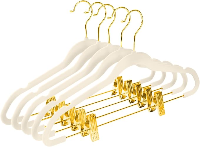 MIZGI Premium Velvet Pants Hangers with Adjustable Clips (Pack of 30) Slim Skirt Hangers- Non Slip Felt Outfit Dress Hangers Ivory - Gold Hooks,Space Saving Shirt Clothes Hangers