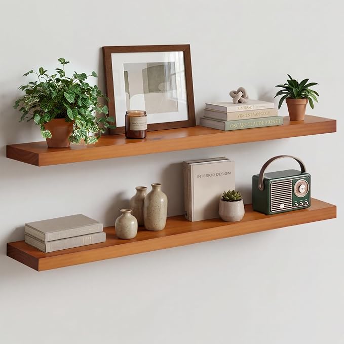 Homeforia Oak Floating Shelves 42 inch Long, High End Solid Real Wood 42inch Floating Shelf for Wall Mounted, Honey Oak Wooden 42in Floating Shelves, Heavy Duty Bracket, 42 X 6.5 X 1.75 in, Set of 2
