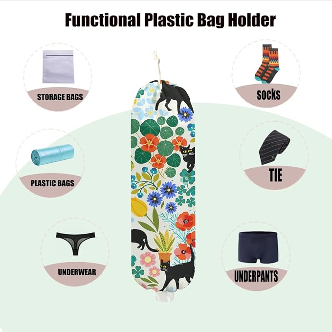 Garden Cat Plastic Bag Holder, Flower Wall Mount Plastic Bag Holders for Grocery Bags, Reusable Grocery Bags Storage Dispenser for Home Kitchen Pantry Decor, Cat Lover Gifts for Women, 22.5x9 Inch