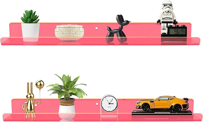 ROYALITA 2-Pack Acrylic Shelves Wall Mounted, 24 Inch Floating Shelves | for Small Items Plants Organize Wall Shelves for Gaming Room, Bedroom, Living Room, Office, Pink