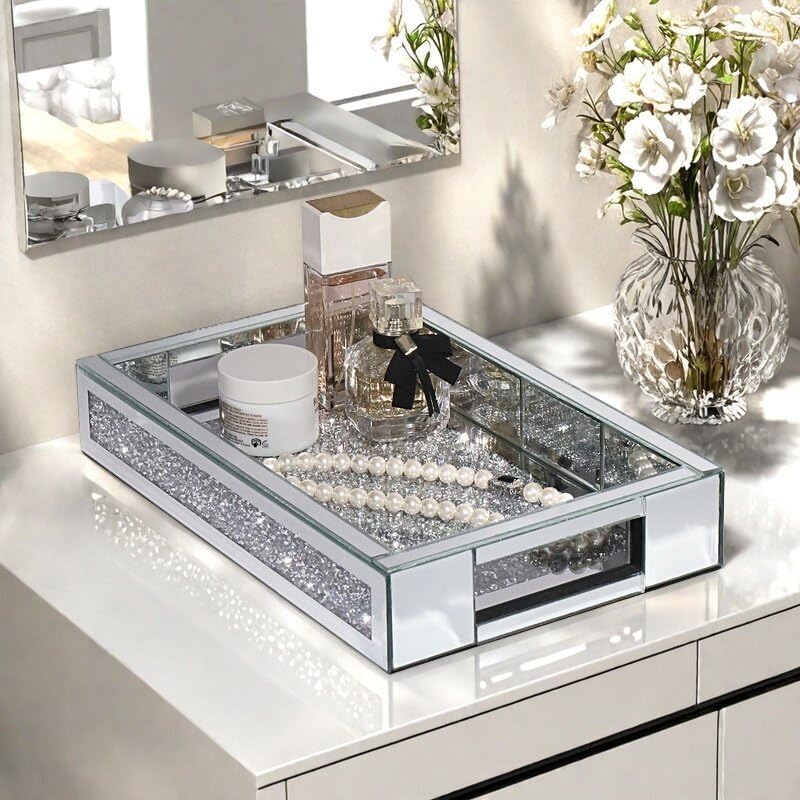 Rectangle Glass Tray with Handles for Dresser, Mirror Makeup Organizer Perfume Display, Crushed Diamond Home Decor Accen