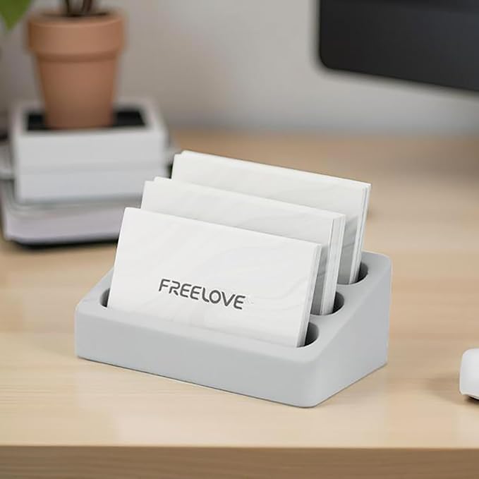 FREELOVE Desktop Card Holder, Concrete, Handmade, 3 Stair 3 Slots, Fits 30-50 Business Cards, Stone Weighted, Smooth Finish, Eva Base, Office Desk Organizer (Grey, Small)