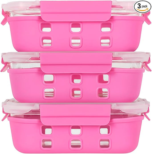 ECOBERI Glass Meal Prep Containers with Silicone Sleeves, 3 Piece 4.5 Cup Set, Borosilicate Glass Food Storage with Leak-Resistant Lids, Oven, Microwave, Freezer and Dishwasher Safe