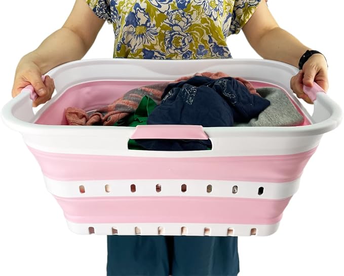 SAMMART 42 (11 Gallons) Collapsible Plastic Laundry Basket, Foldable Pop Up Storage Container/Organizer, Space Saving Hamper, Portable Bin for Dorm Room Bathroom (1, White/Cherry Pink)