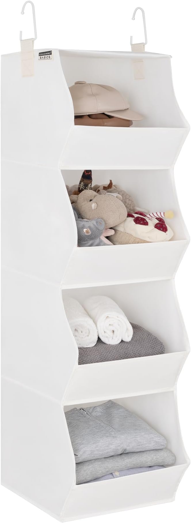 StorageWorks Basics Hanging Closet Organizer, 4-Shelf Wide Trapezoid Closet Shelves with Reinforced Anti-Sagging Support for Sweaters, Hoodies and Handbags, Foldable Storage Organizer, Beige