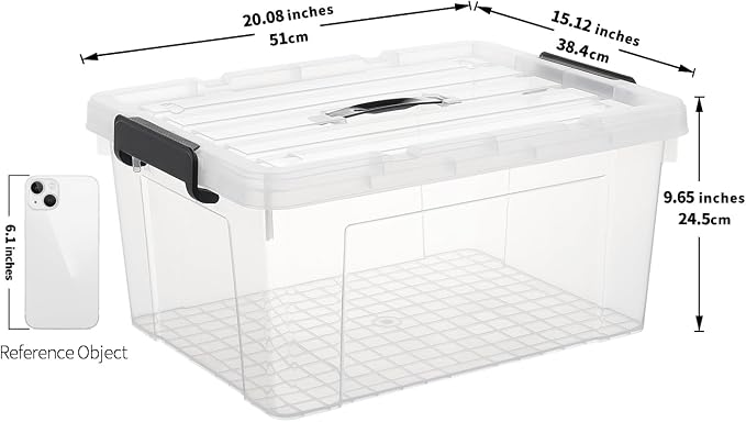Cetomo Lidded Storage Bin with Handle, Tote Organizing Container with Durable Lid and Secure Latching Buckles, Stackable and Nestable, Plastic, 40 Quart-4 Pack, Clear