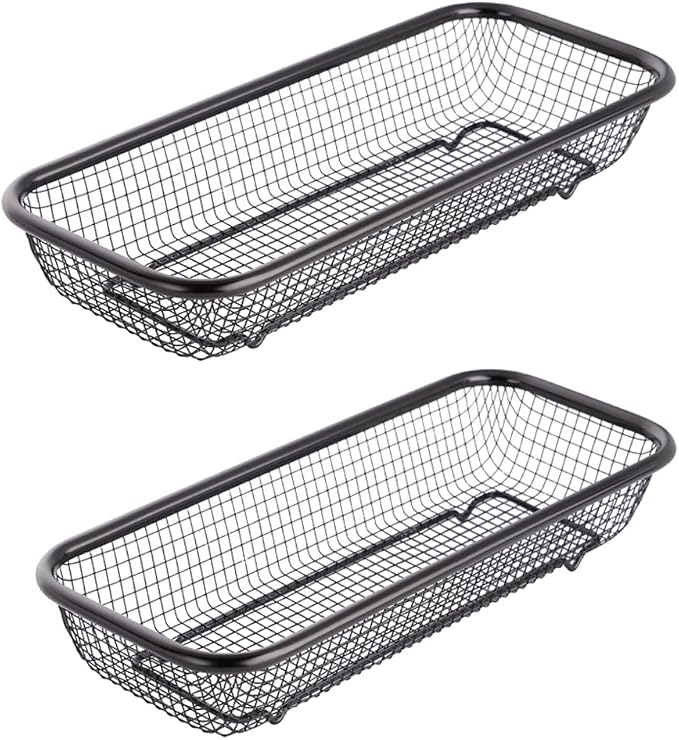 Kitchen Drawer Organizer, Stainless Steel Storage Container Metal Cabinet Storage Basket for Holding Silverware Kitchen Utensil, Pack of 2, Black