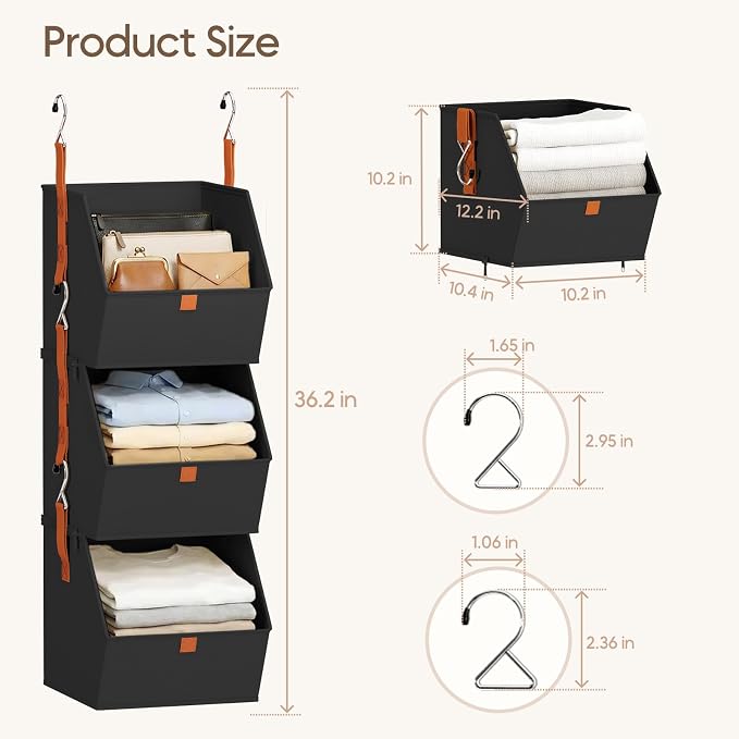 Homsorout Collapsible Hanging Closet Organizer - 6 Tier Closet Shelves Storage System with Hooks, Fabric Hanging Storage Bins for Clothes, Foldable Storage Basket for Laundry, Bedroom, Rv, Black