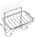 ODesign Soap Dish Holder SUS304 Stainless Steel with 6 Hooks Loofah Bath Sponge Towel Razor Holder for Bathroom Shower Kitchen Adhesive Wall Mounted No Drilling-Silver-1 Pack