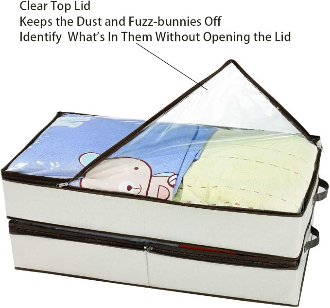HOONEX Under Bed Storage Containers Zippered Clear Top Lid, Outer Linen Fabric, Reinforced Frame and Sturdy Bottom, 2 Leather Carrying Handles, 2 Pack, Beige