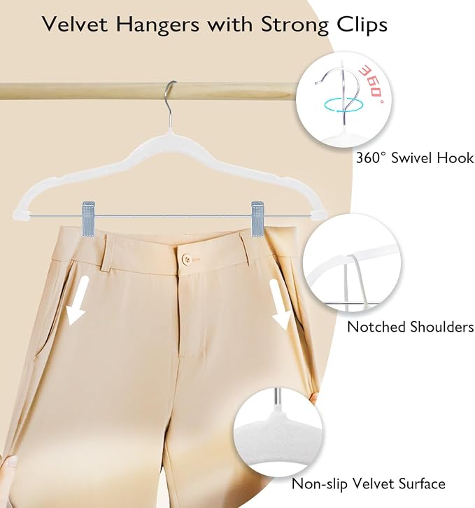 ManGotree Pants Hangers with Movable Clips, Non-Slip Velvet Skirt Hangers, Space-Saving Clothes Hangers for Pants, Skirts, Shirts, Coats, Dresses (18 Pack, White)