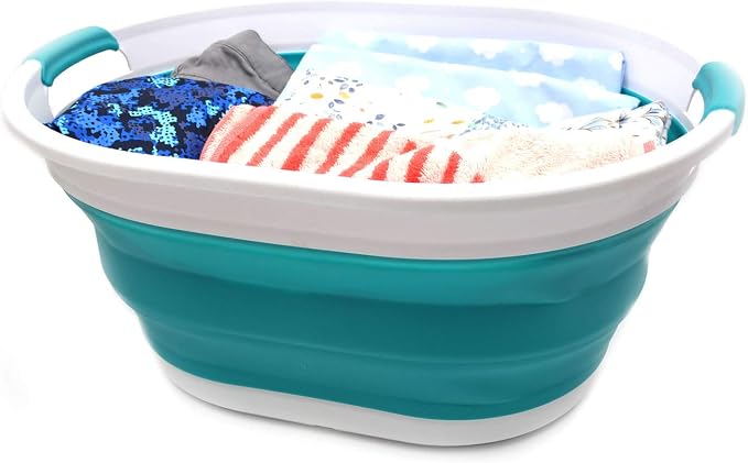 SAMMART 28L (7.4 gallon) Collapsible Plastic Laundry Basket-Oval Tub/Basket - Portable Washing Tub-Space Saving Laundry Hamper, Water capacity: 22L (5.8 gallon) (1, Bright Blue)