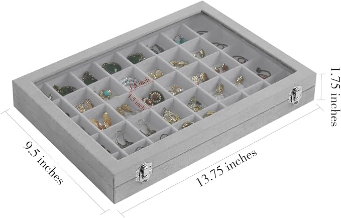 Stratalife 40 Grid Earring Organizer: Jewelry Holder Organizer Box with Clear Glass Lid, Velvet Jewelry Storage for Studs, Earrings, Rings, Necklace with Removable Dividers for Dresser, Grey