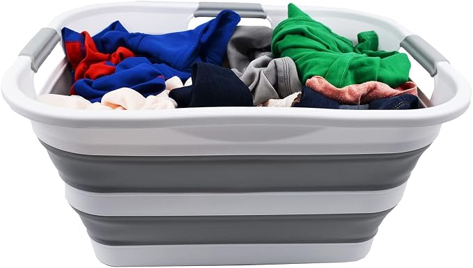 SAMMART 30L(8 gallon) Collapsible Plastic Laundry Basket - Foldable Pop Up Storage Container/Organizer - Space Saving Hamper/Basket - Water Capacity 24L(6.3 gallon) (1, White/Grey/White)