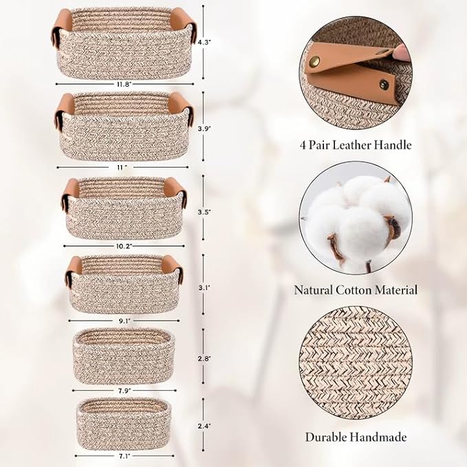 Storage Baskets for Organizing, Small Woven Basket Set of 6-4 Shelf Basket with Leather Handle and 2 Small Gift Baskets, Cotton Rope Basket for Shelves, Nursery, Dog Toy, Bathroom