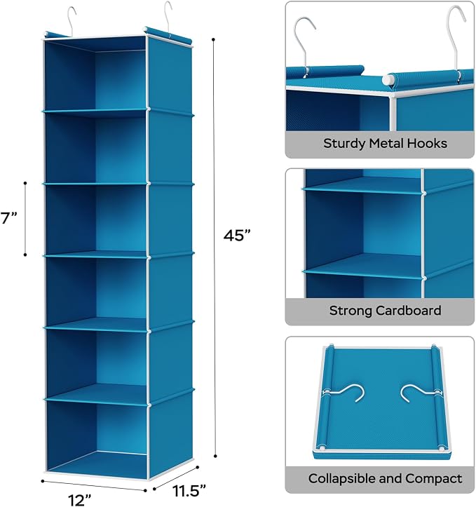 MAX Houser 6-Shelf Hanging Closet Organizer, Hanging Storage Shelves with 2 Sturdy Hooks Space-Saving for Bedroom, Foldable (Blue)