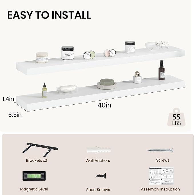 Vivelove 40 Inch Floating Shelves Wall Mounted for Display, 6.5 Deep Duty Shelves with Invisible Brackets for Living Room,Bedroom,Kitchen, Bathroom Storage & Decor,40" Wx6.5 Dx1.4 H - White