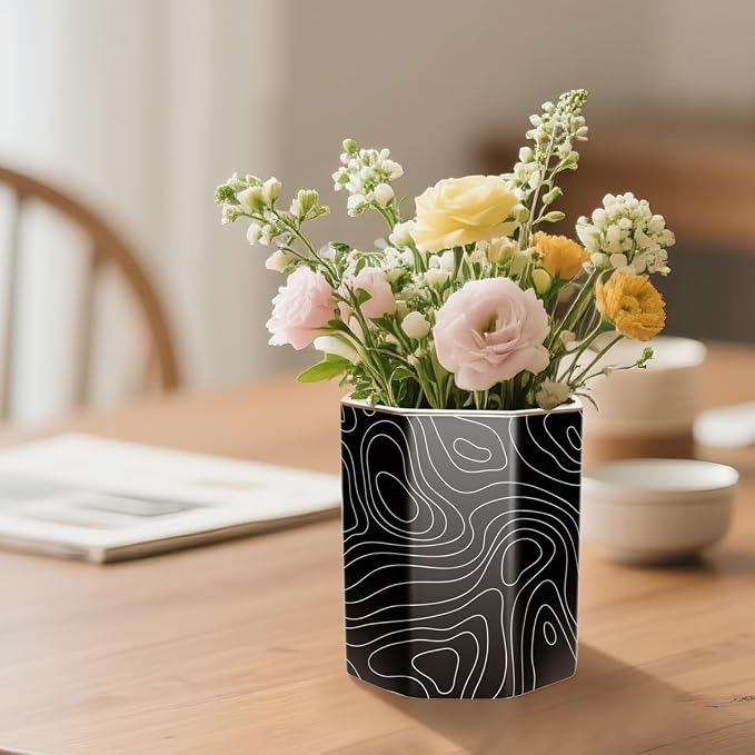 Black Pen Holder, Pencil Cup for Desk, Cute Desk Organizer, Durable Ceramic Decorative Makeup Brush Desktop Accessories, Stylish Stationery for Office, Home, Abstract Pattern