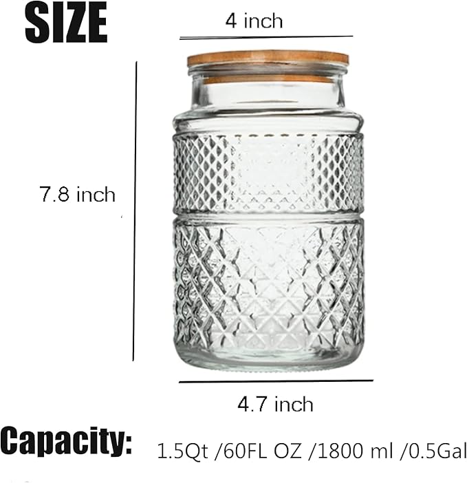 Large Glass Storage Jar, 2 Pack 60 FL OZ Glass Food Storage Containers with Bamboo Lid, Kitchen Laundry Room Organization Jar for Cookies Coffee Flour Sugar Laundry Pods Detergent Airtight Glass Jars