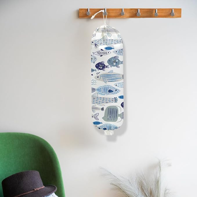 Fish Plastic Bag Holder, Blue Fish Wall Mount Grocery Bag Holder for Plastic Bags, Pull Rope Free Adjustment, Reusable Grocery Bags Storage Dispenser for Kitchen Decor, Housewarming Gifts for Women