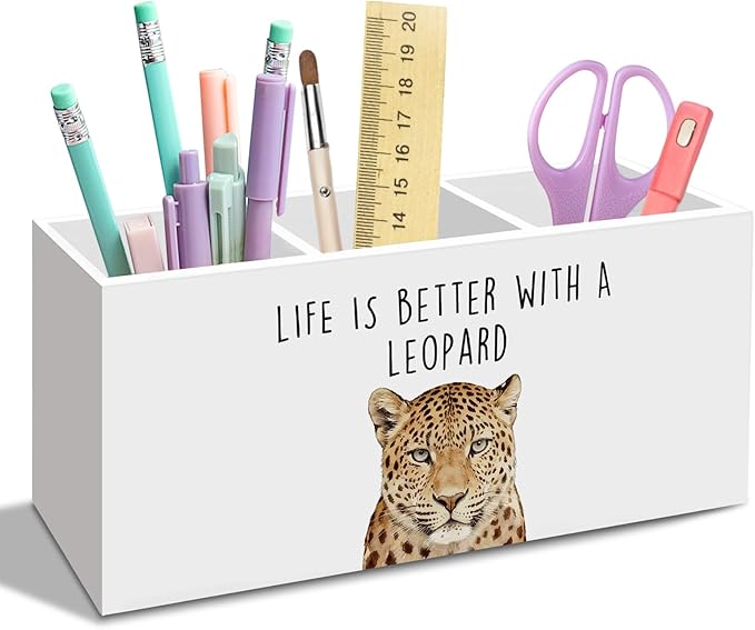 Preppy Leopard Pen Pencil Holder for Desk, Funky Cheetah Office Desk Accessories, Trendy Life Is Better with a Leopard Pen Holders Organizer for Women Bathroom Decor