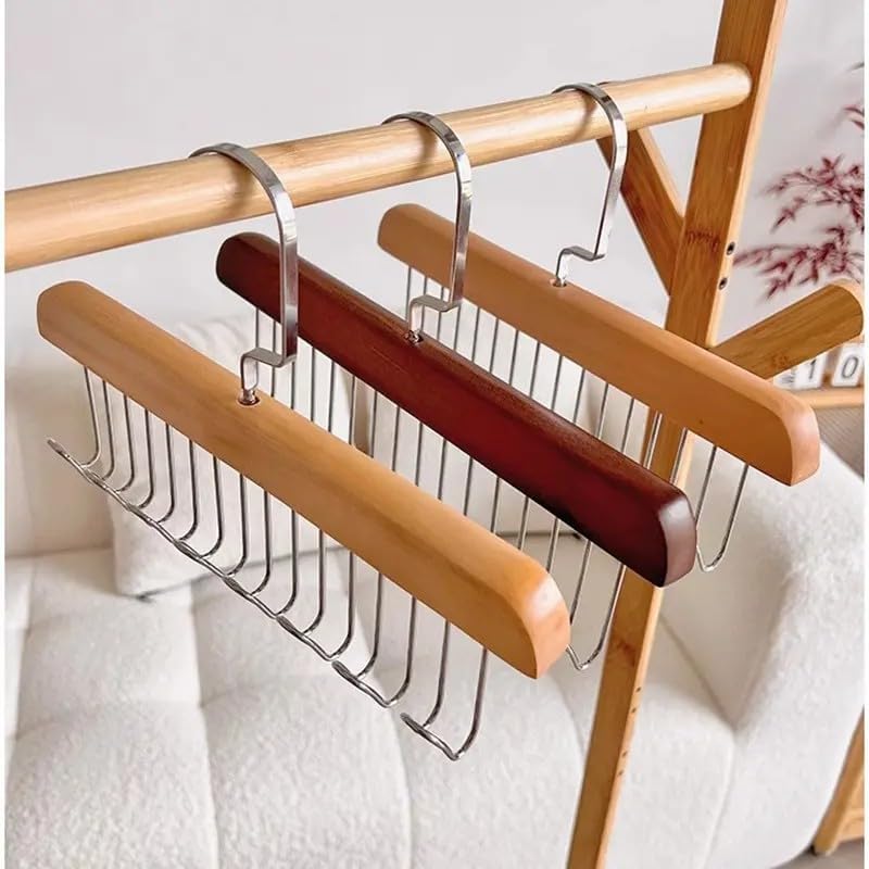 Lazer Wooden Clothes Hanger with 8 Adjustable Hooks | Multi-Purpose Wardrobe & Cupboard Organizer for Lingerie, Belts, S