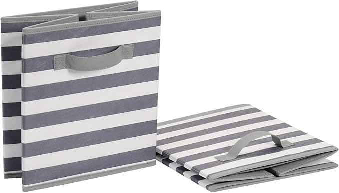 Amazon Basics Collapsible Fabric Storage Bins with Handles, Cube Organizer for Home Organization, White/Light Grey Stripe, 10.5"x10.5"x11" (Pack of 30)