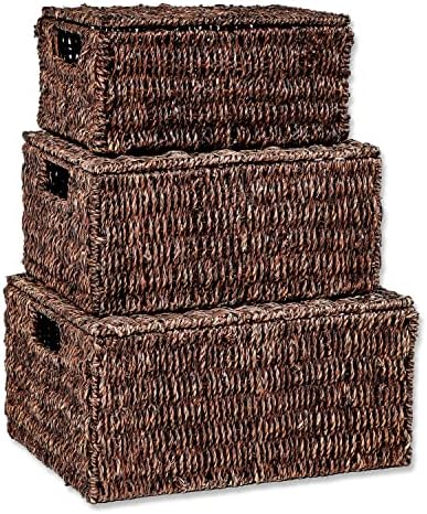 Trademark Innovations Set of 3 Rectangular Seagrass Baskets with Lids, Brown (Small)