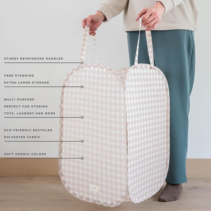 3 Sprouts Pop Up Hamper - Collapsible Laundry Basket, Popup & Foldable Design - Durable Waterproof Fabric for Dirty Clothes, Toys & Towels - Ideal for Dorm, Bedroom & Baby Nursery, Gingham Beige
