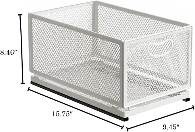 Sliding Cabinet Basket Organizer Drawer Self Adhesive Slide out Pantry Shelves Heavy Duty Carbon Steel Slide Cabinet Storage Basket with Handle for Bathroom Kitchen Home