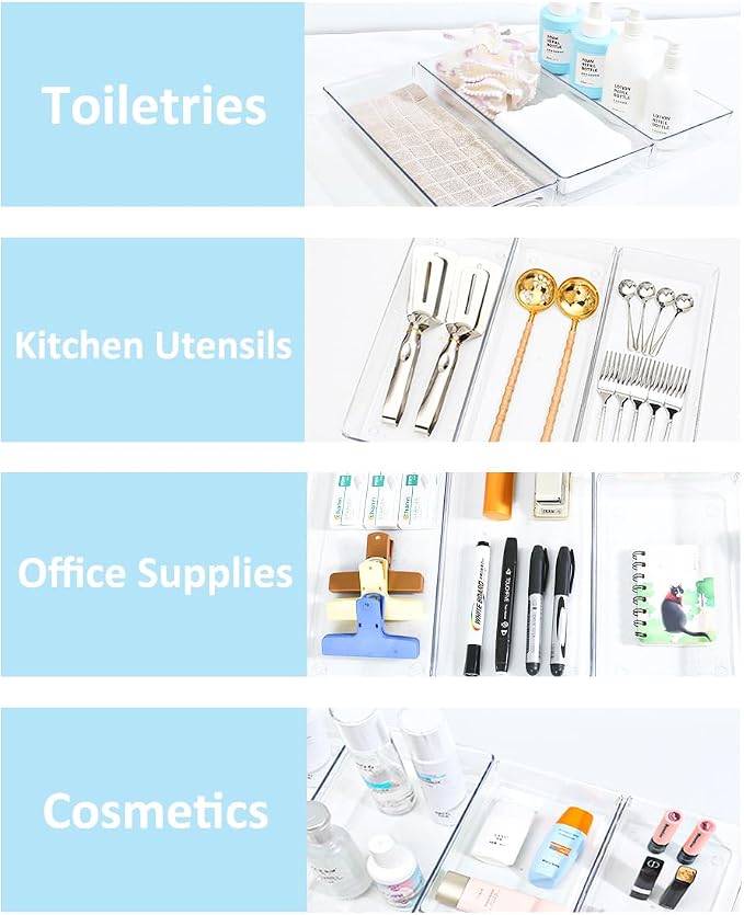 Kutesna 3 Pcs Large Clear Drawer Organizer Set, 15" X 6" Desk Drawer Organizers Trays with Non-Slip Silicone Pads, Storage Bins for Makeup, Office, Kitchen Gadgets Utensils, Bedroom, Tools, Bathroom