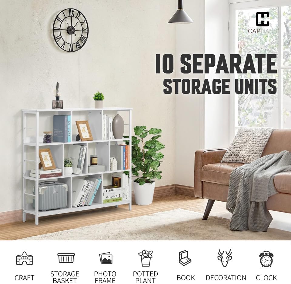 CAPHAUS 10 Cube Storage Organizer, 48” Wide 3 Tier White Industrial Open Shelf Bookcase, Display Shelf, Horizontal Books
