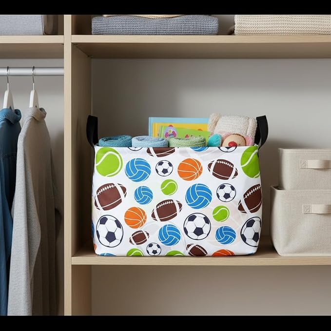 Football Storage Basket Empty, Waterproof Football Storage Bins Organizer, Foldable Closet Shelf Baskets with Handles for Home Office Dorm Closet Shelf