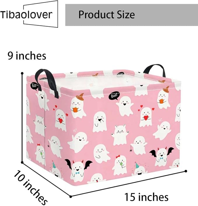 Halloween Basket Cute Baskets for Kids Pumpkin Basket Rectangular Storage Bin Organizer Box Room Decor(Pink Ghosts)