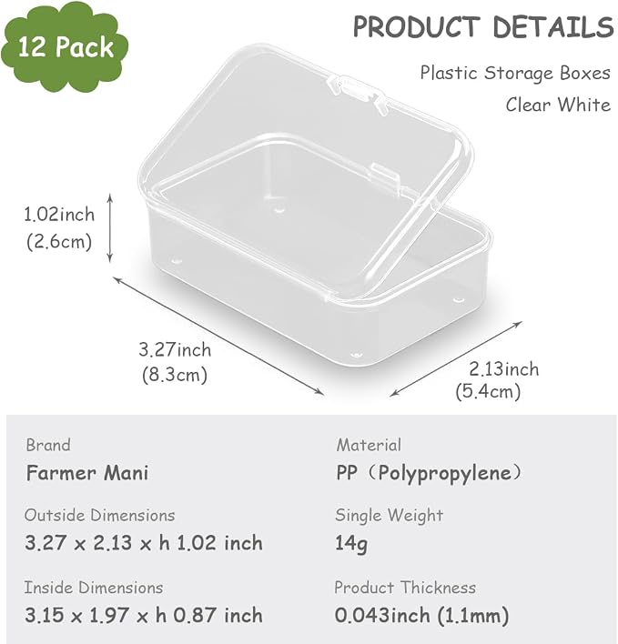 12 Pieces Clear Plastic Box Containers (3.27 x 2.13 x 1.02 inch) with Lids for Tiny Items and Other Craft Projects