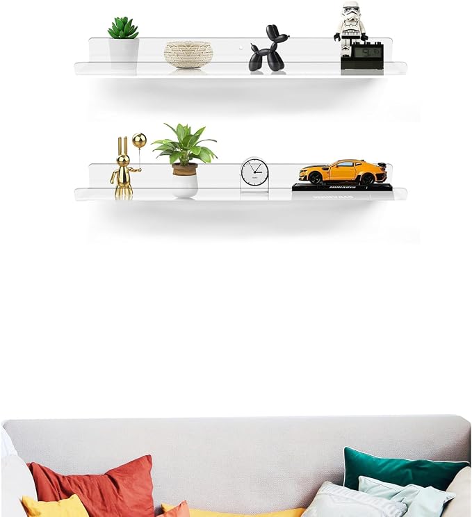 ROYALITA 2-Pack Acrylic Shelves Wall Mounted, 24 Inch Floating Shelves | for Small Items Plants Organize Wall Shelves for Gaming Room, Bedroom, Living Room, Office, Clear