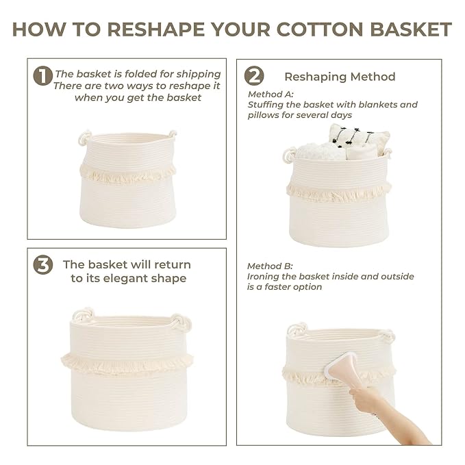 CherryNow Baby Laundry Basket, Cotton Rope Basket for Blankets & Toys, 45L | Compact Storage Basket for Organizing Bbay Clothes & Toys, Decorative Basket with Tassels, Perfect for Nursery Décor, White