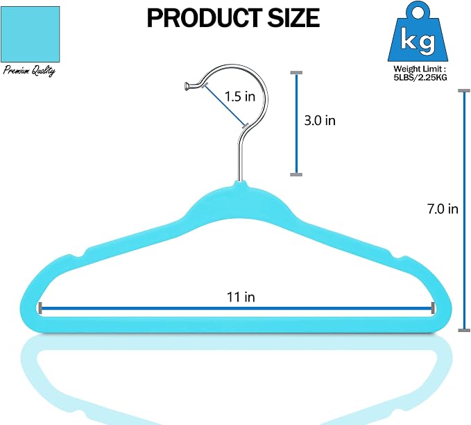 GVTECH Kids Hangers Velvet, [50 Pack] Children Cloth Durable Baby Hangers for Closet Perfect Infant Toddler Kid Hanger for Everyday Use, Non Slip 360° Hooks for Shirt, Pant (50 Pack, Light Blue)