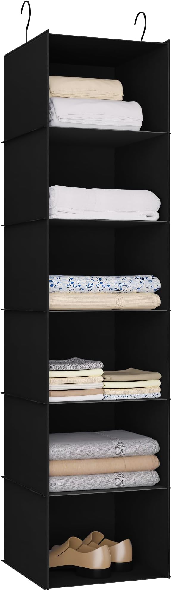 Hanging Closet Organizer 6-Shelf, Oxford Fabric Wardrobe Storage, Black | Easy-mount foldable design holds clothes, handbags, shoes & accessories; washable Oxford fabric, sturdy and space-saving.