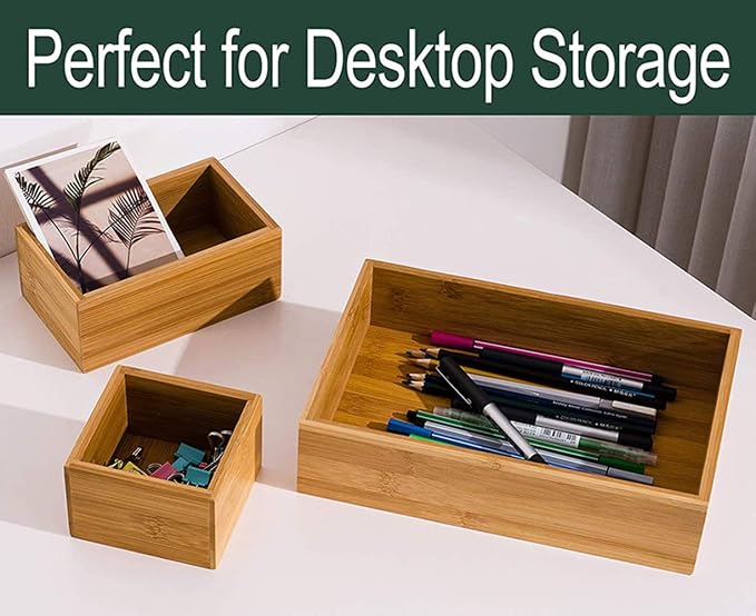 Lawei Set of 5 Bamboo Drawer Organizer Boxes, Desk Storage Box Kit, Drawer Storage Containers Tray Bins for Office, Kitchen, Bedroom, Children Room, Craft, Sewing
