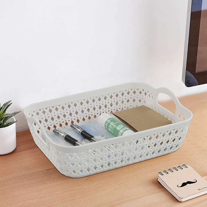 White Small Shallow Plastic Storage Tray with Handle, 6-Pack | Carry Handles, Durable Plastic Construction, Shallow Storage Tray, Multi-Purpose Basket, for Home Kitchen Bathroom