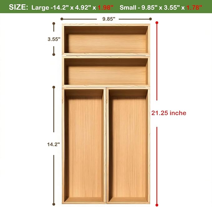 guiogc Bamboo Drawer Silverware Organizer, Kitchen Small Silverware Organizer Set of 4 (Large 14.2"x5"x1.97", Small 9.85"x3.55"x1.97") for Office Bathroom Storage and RV
