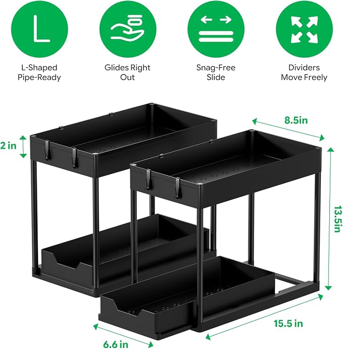 Ekisemio 2 Pack 2-Tier Under Sink Organizers with Sliding Drawer, Black | 2 Pack 2-Tier Under Sink Organizers | Sliding Drawer | Sturdy Metal Frame | Tool-Free Assembly | Space Saving | Black