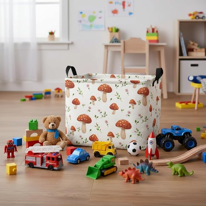 Rectangular Baby Kids Storage Basket for Home Kitchen Girls Cute Toy Storage Bin Organizer Shelf Book Room Decor(Mushroom)