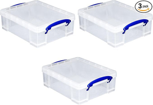 Really Useful Box Stackable 8.1 Liter Plastic Storage Container Bin with Snap Lid & Built-in Clip Lock Handles for Home & Office Organization (3 Pack)