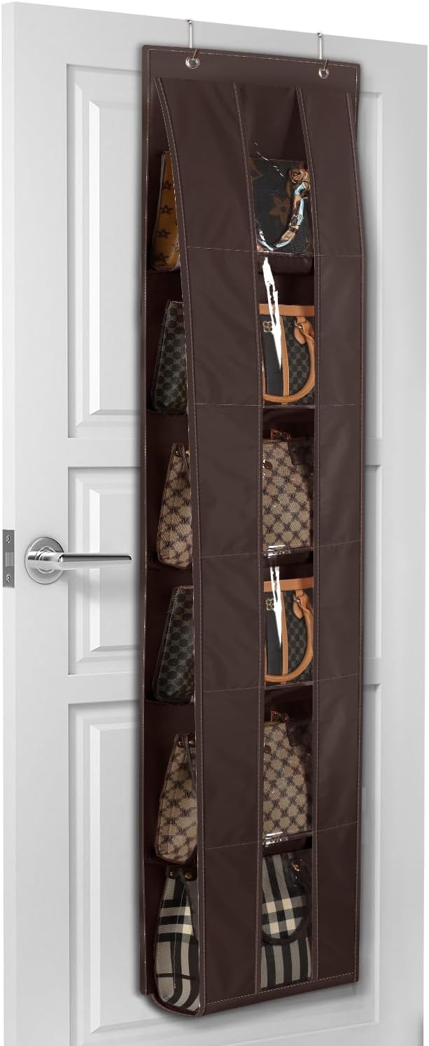 Lirex Over The Door Purse Organizer, Space-Saving Medium and Large Handbag Storage Organizer Clothing Closet Hanger, Dark Brown