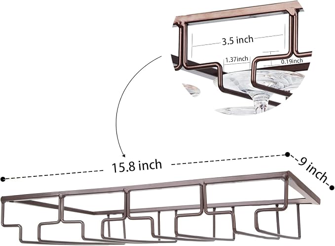 FOMANSH Wine Glass Rack - Under Cabinet Stemware Wine Glass Holder Glasses Storage Hanger 2 Pack Metal Organizer for Bar Kitchen 4 Rows Brown