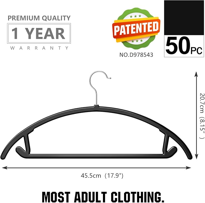 MIZGI Premium Plastic Hangers (Pack of 50) Heavyduty- Black No Shoulder Bump Suit Hangers - Space Saving Clothes,Rounded Hanger for Coat,Sweater,Jackets,Pants